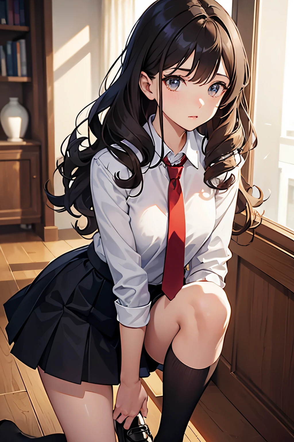 young girl, with a youthful charm, 14 years old, in a white dress shirt, red tie neatly knotted, black skirt reaching her knees, paired with black long socks and black shoes, lacing up neatly, hair extending past her shoulders, starting straight and transitioning into soft curls at the ends, enchanting brown eyes, and dark brown tresses. Ultra-detailed, masterpiece quality, 8K, HDR, studio lighting, ultra-fine painting, sharp focus, physically-based rendering, vivid colors, bokeh, realistic.
