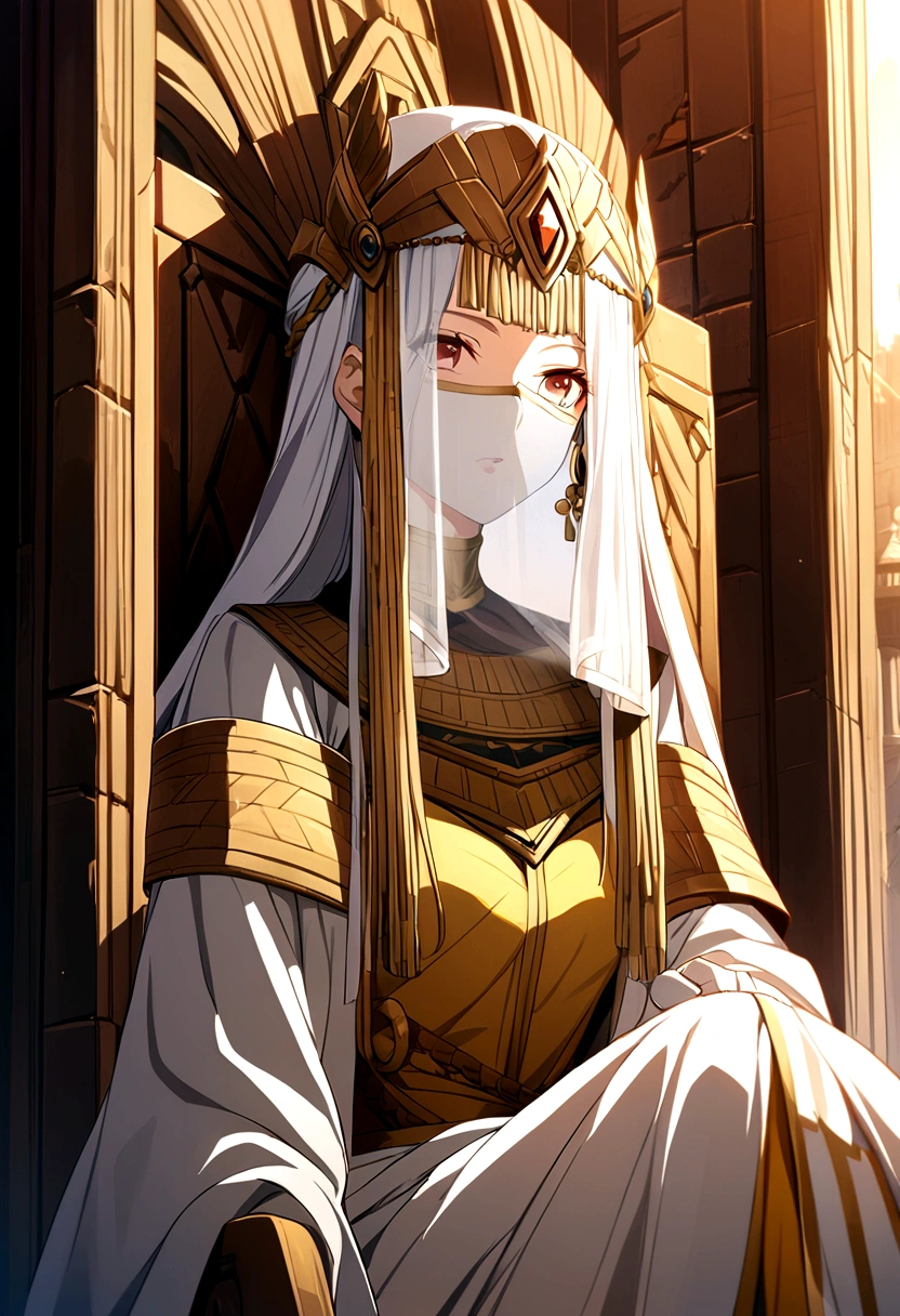 1girl, ancient civilization clothes, white glove, mouth veil, throne background, game cg