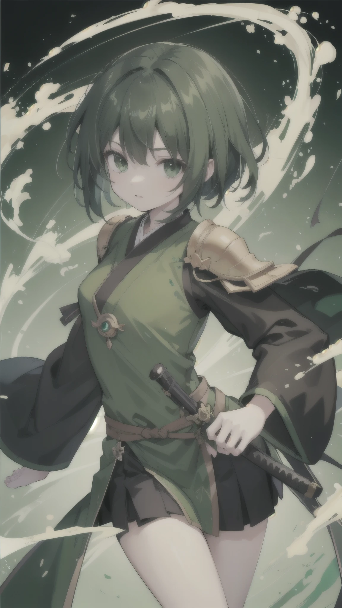 green black hair,dark green eyes,Green Hanfu and black armor,turtle