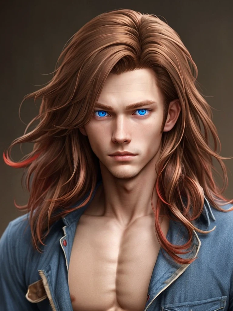 Creates a young adult with light brown hair with red streaks of blue eyes with a defined and quite handsome physical body.