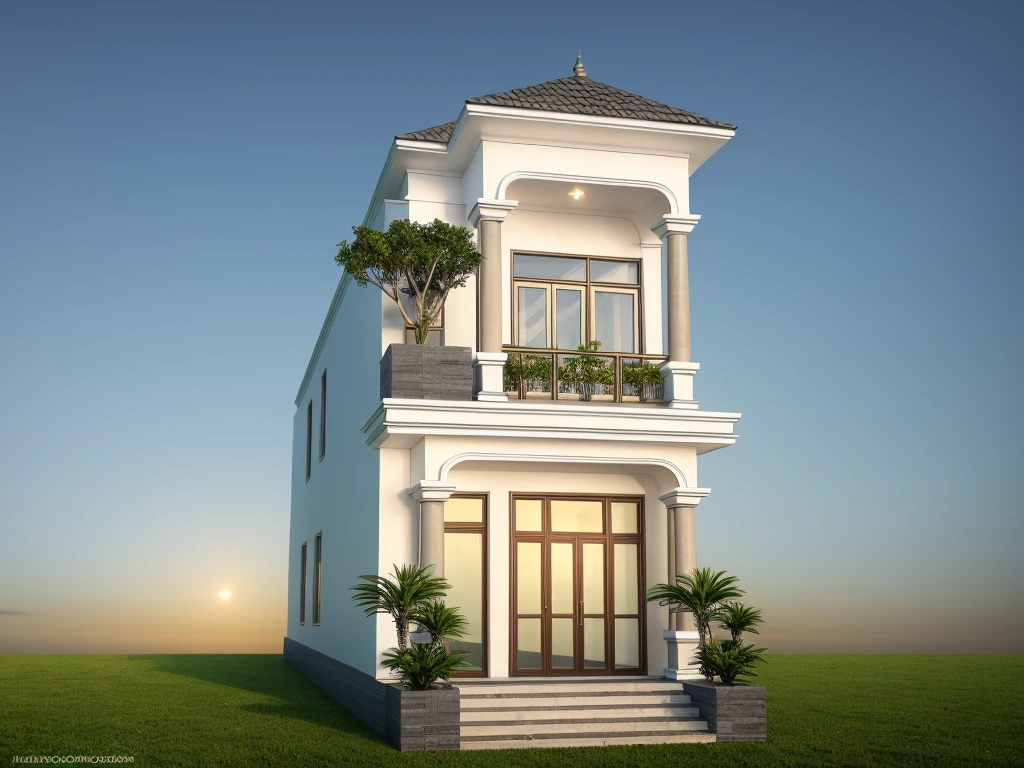 PLATFORM KTHOUSE, neoclassical villa, main materials of the villa are white walls: 1.2 and stone: 1.2, ((stone fence : 1.2)), 1 track in front of the house, (RAW photo, real, best quality, masterpiece: 1.2 ), neoclassical style, blue sky :1.3, (super realistic, actual photo:1.2), high quality, (sunrise light:1.3), perfect lighting, Archdaily, (many green trees)