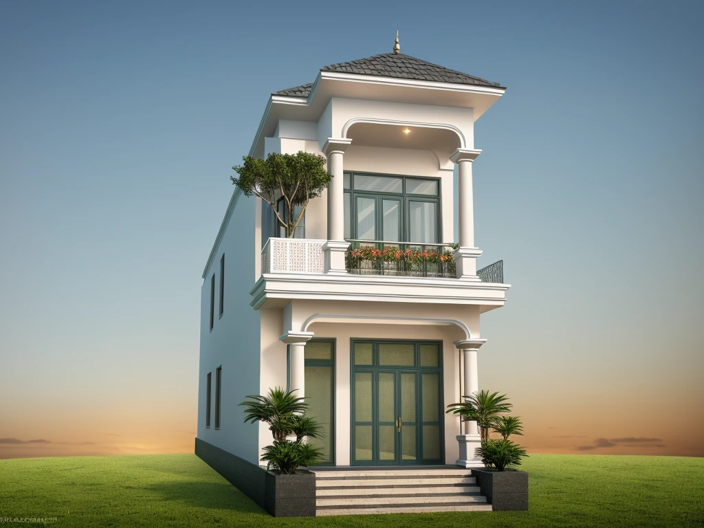 PLATFORM KTHOUSE, neoclassical villa, main materials of the villa are white walls: 1.2 and stone: 1.2, ((stone fence : 1.2)), 1 track in front of the house, (RAW photo, real, best quality, masterpiece: 1.2 ), neoclassical style, blue sky :1.3, (super realistic, actual photo:1.2), high quality, (sunrise light:1.3), perfect lighting, Archdaily, (many green trees)