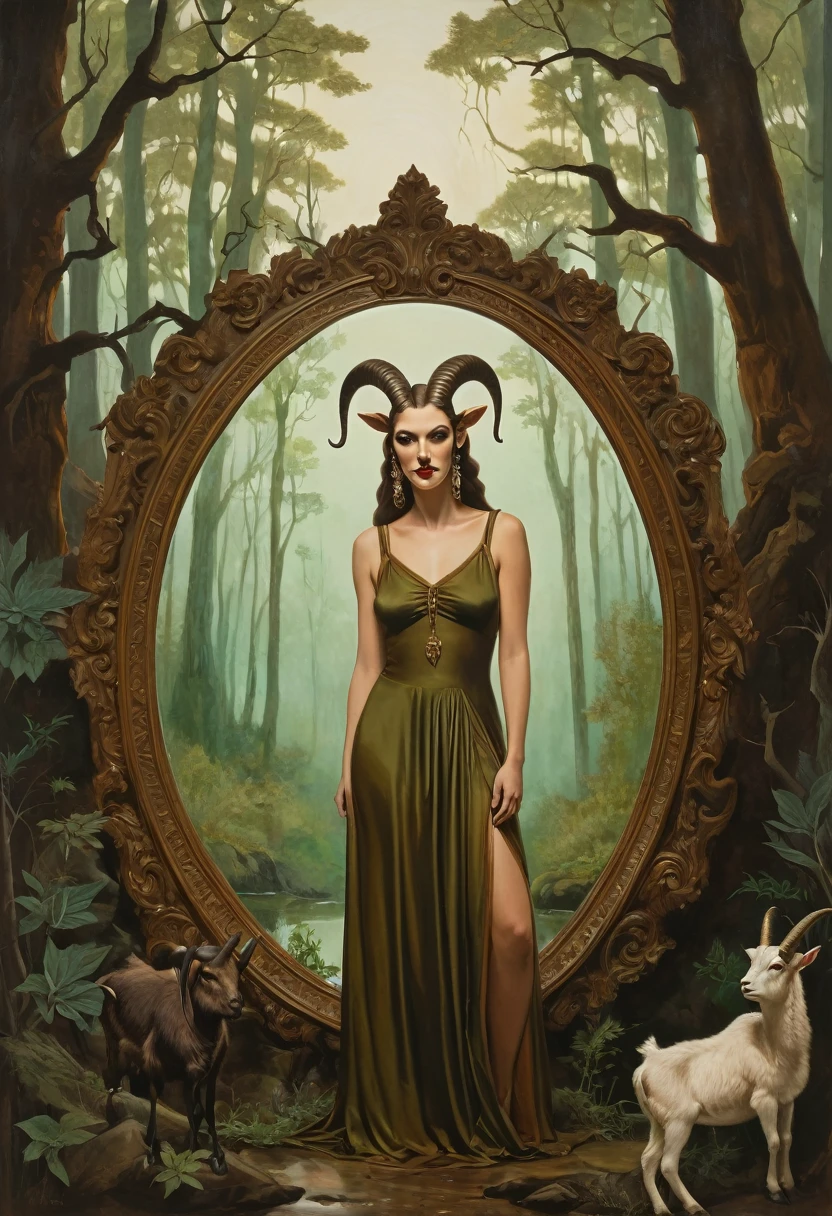 This painting depicts a woman with horns on her head, resembling a goat. The background shows a forest setting, adding to the mysterious and mythical atmosphere of the artwork. The woman is portrayed with a mustache and a beard, giving him a rugged and enigmatic appearance. sHe is standing in front of a mirror, seemingly examining her reflection. The illustration is rich in earthy tones, with shades of brown and green dominating the color palette. The overall mood is dark and intriguing, inviting the viewer to ponder the symbolism behind the woman''s horned figure.