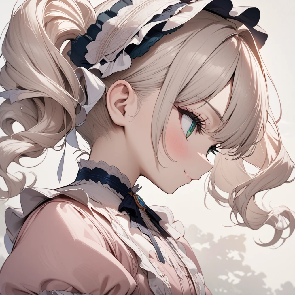 Platinum Blonde hair,curls,(emerald green eyes),long eyelashes,(light pink victorian dress),puffy short sleeves,frilled dress,frilly wide brimmed Bonnet with bows,bustshot,masterpiece,highress,soft smile,bishoujo,peterpan collar,profile,white accents,white trim,white frills,curly side ponytail,solo