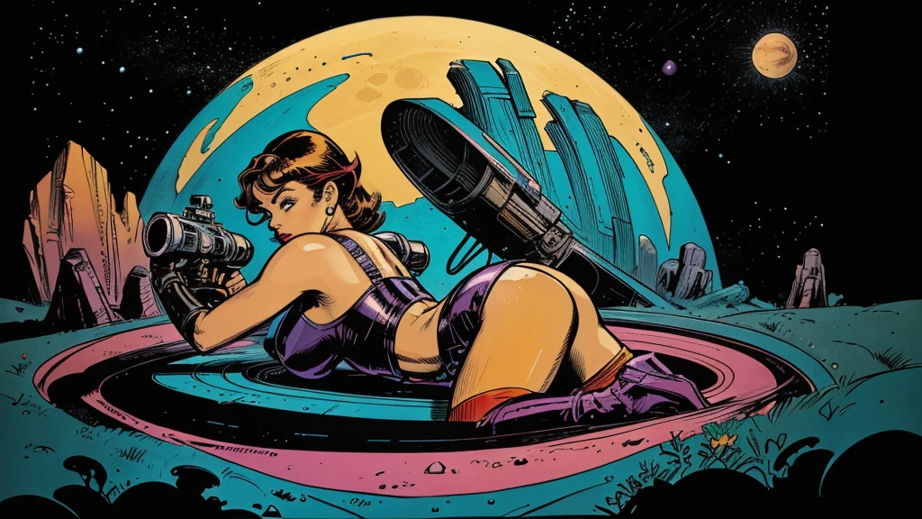 Use this prompt to create an image in the style of 1950s-70s comic book art. Use bold outlines, halftone patterns. Employ intense, saturated colors reminiscent of vintage four-color printing. Maintain a psychedelic, otherworldly atmosphere with swirling, colorful skies and strange celestial bodies. Emphasize the contrast between light and shadow to create a dramatic, pulp sci-fi feel. Create an image of:  a sexy space girl in a tight coverall, large breasts, fullbody photo, ass to the camera, firing a raygun