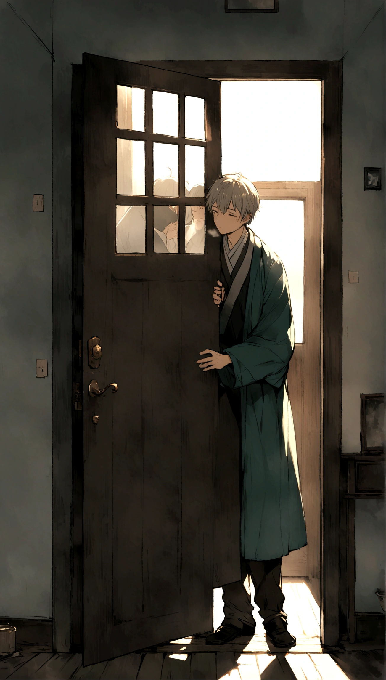 /imagine prompt: A young man standing at the door, breathing deeply, with a tired expression on his face. Elder He, inside the door, immediately notices your arrival and stops your actions, welcoming him with respect in his face. The surroundings are peaceful, with sunlight streaming in through the windows and providing a warm, comfortable feeling.,32k, best qualityer, work of art, super detaill, High details, por Makoto Shinkai ,in the style of xing xing star art group, --niji 5"