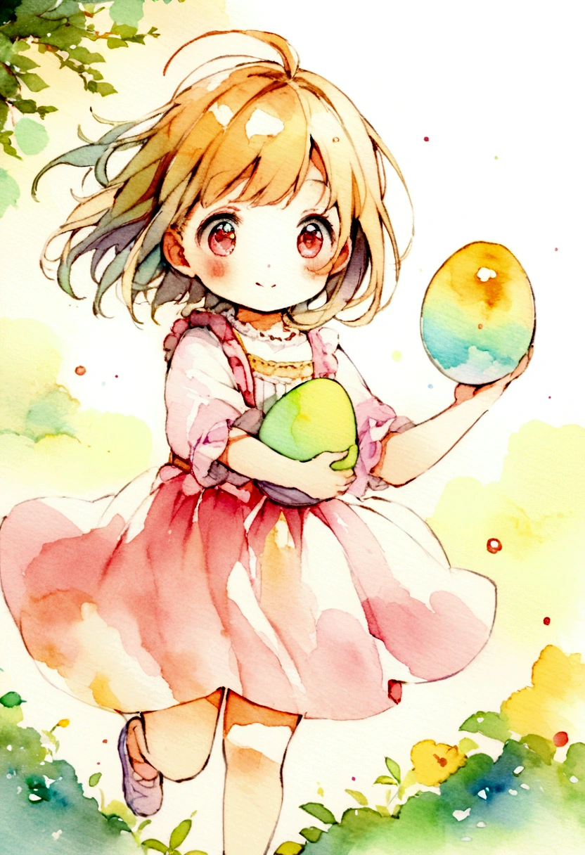 A girl around 4 years old is holding an egg happily.　Picture books　Watercolor