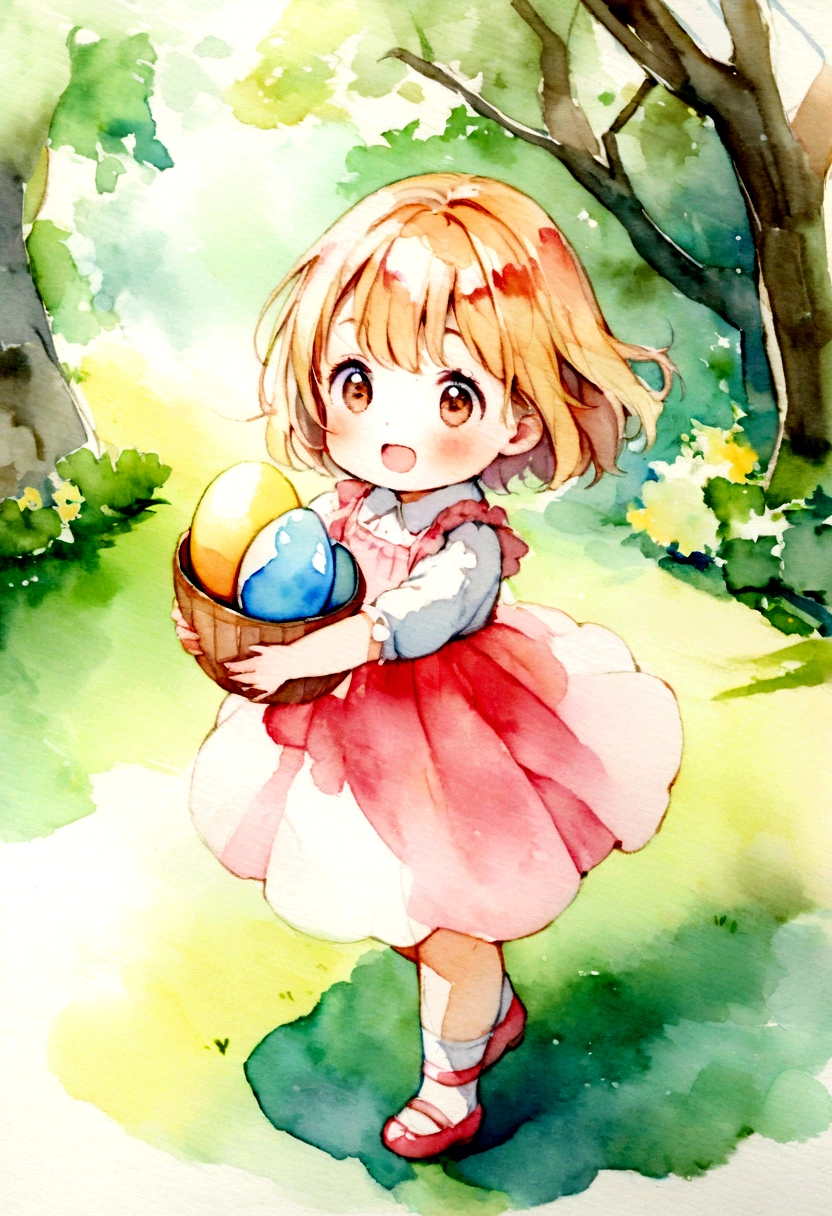 A girl around 4 years old is holding an egg happily. Picture books Watercolor