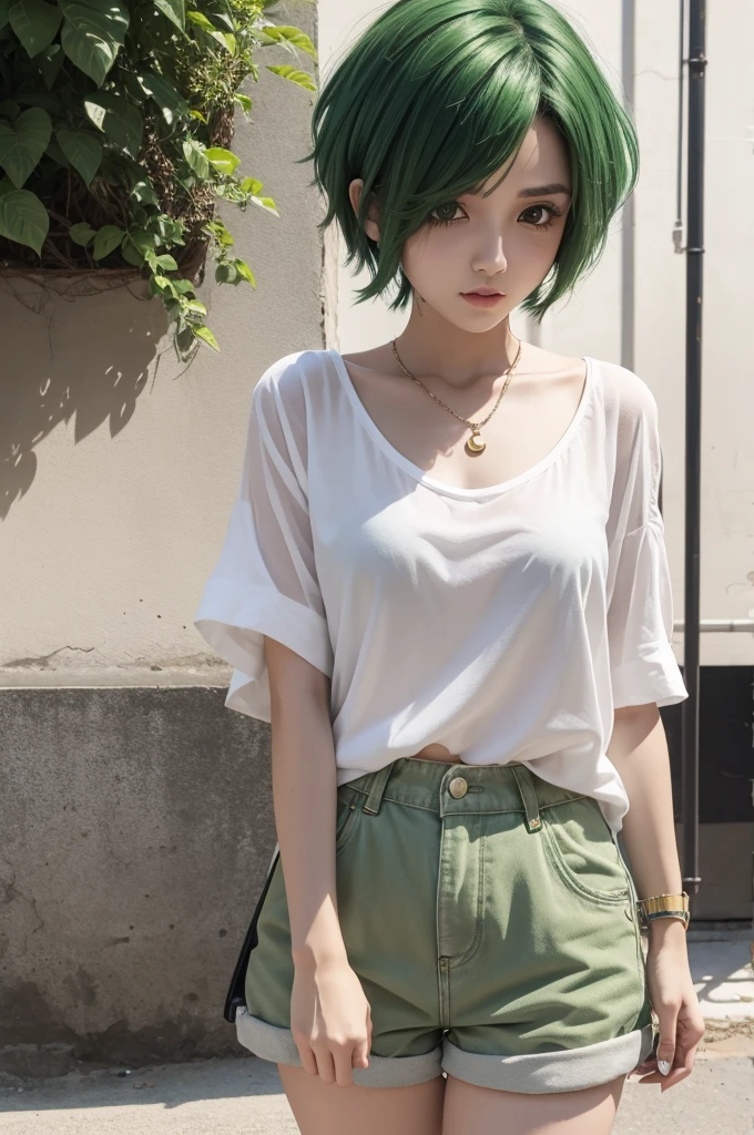Kizi, short green hair, white blouse, baggy shorts with a band