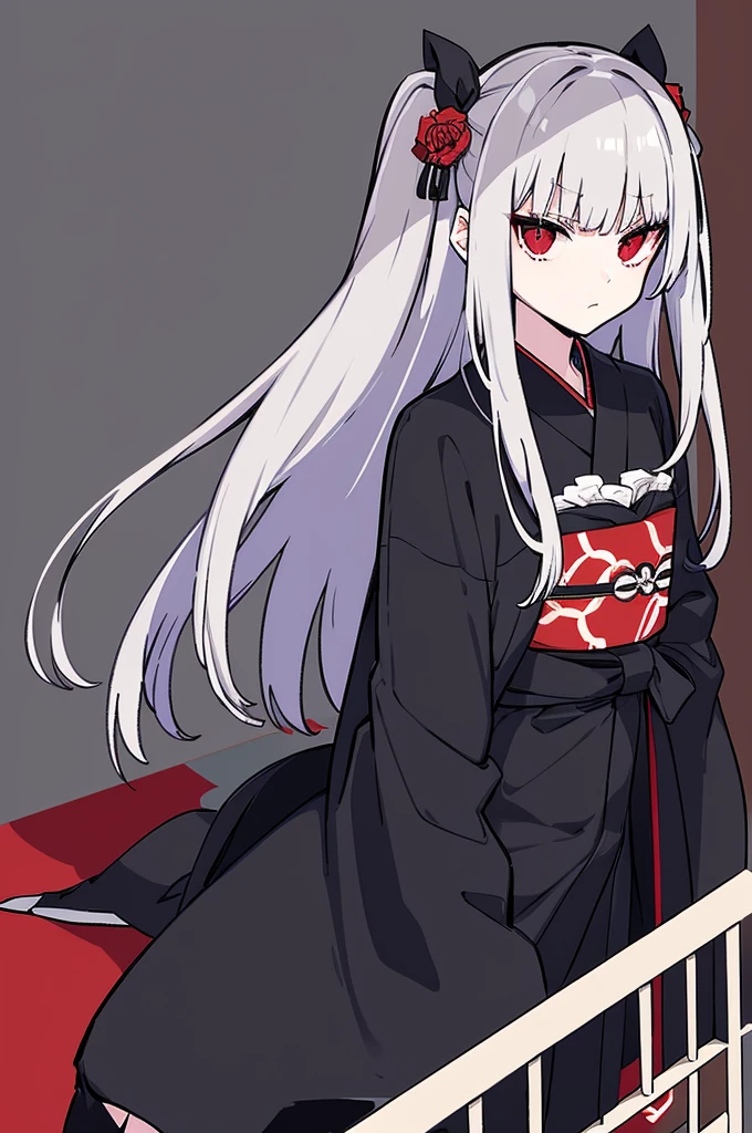 (high quality),(masterpiece),Gray Hair,Girl,Poker face,flat chest,Black Kimono,serious,solo,coat,red eyes