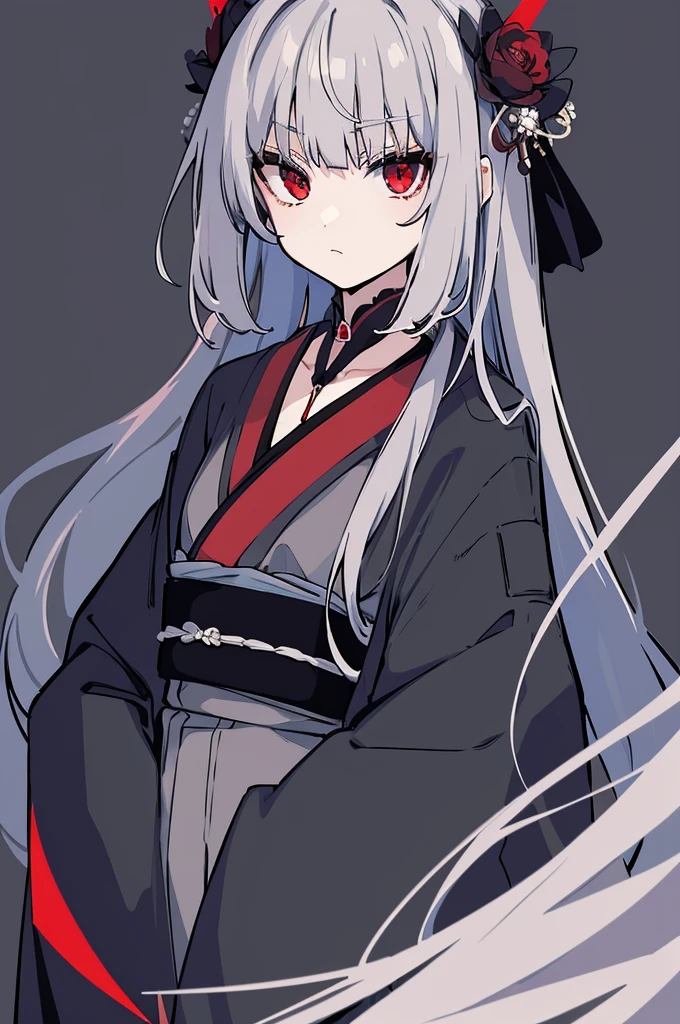 (high quality),(masterpiece),Gray Hair,Girl,Poker face,flat chest,Black Kimono,serious,solo,coat,red eyes