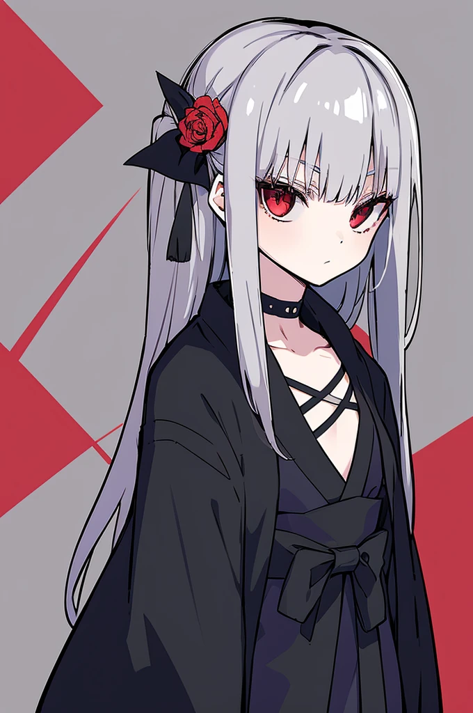 （high quality），（masterpiece），Gray Hair，Girl，Poker face，flat chest，Black Kimono，serious，solo，coat,red eyes