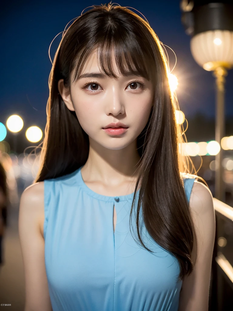 1womanl, Sleeveless navy blue long dress 、very cute (
Full-length portrait),city, cafe street at night,mideum breasts, light brown hair, Blunt bangs, hair behind ear, hair over shoulder, Long hair, slender body shape, Ultra Fine Face, Thin face, Delicate lips, Beautiful eyes, thin blush, eyes are light brown, perfect glossy skin, flawless skin, Glistening sweat,View here, Ultra-thin hands, Ultra-fine fingers, best ratio four finger and one thumb, (realisitic:1.3), See-through white blouse. An amusement park, One-person viewpoint, Fuji Film, F/1.2, 8K, masutepiece, nffsw, Super Detail, High quality, Best Quality, hight resolution