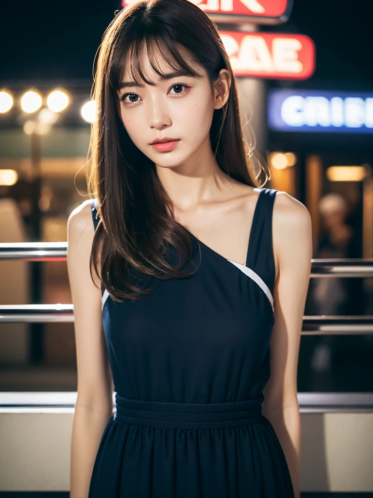 1womanl, Sleeveless navy blue long dress 、very cute (
Full-length portrait),city, cafe street at night,mideum breasts, light brown hair, Blunt bangs, hair behind ear, hair over shoulder, Long hair, slender body shape, Ultra Fine Face, Thin face, Delicate lips, Beautiful eyes, thin blush, eyes are light brown, perfect glossy skin, flawless skin, Glistening sweat,View here, Ultra-thin hands, Ultra-fine fingers, best ratio four finger and one thumb, (realisitic:1.3), See-through white blouse. An amusement park, One-person viewpoint, Fuji Film, F/1.2, 8K, masutepiece, nffsw, Super Detail, High quality, Best Quality, hight resolution