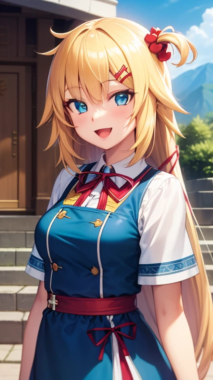 illustration, masterpiece, best quality, anime, highly detailed face, highly detailed eyes, highly detailed background, perfect lighting, 1girl, solo,akaihaato, standing, upper body, smile, open mouth, outdoors, day, blue sky, sky, temple, looking at viewer, stairs, mountain, facing viewer,