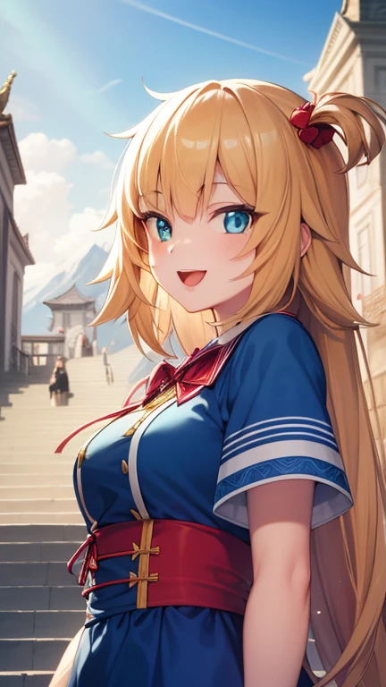 illustration, masterpiece, best quality, anime, highly detailed face, highly detailed eyes, highly detailed background, perfect lighting, 1girl, solo,akaihaato, standing, upper body, smile, open mouth, outdoors, day, blue sky, sky, temple, looking at viewer, stairs, mountain, facing viewer,