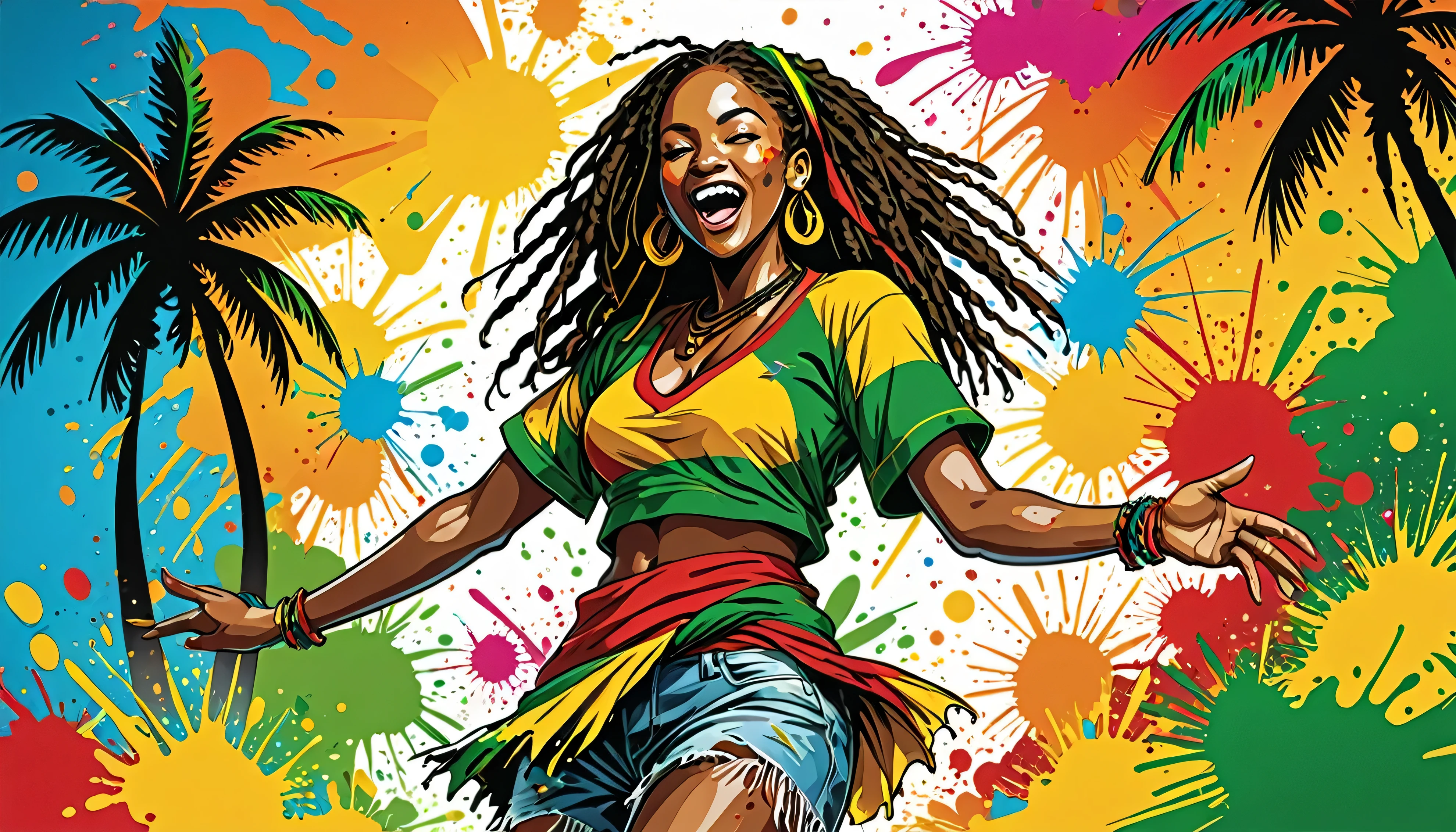 Vector art, Lots of Jamaican Reggae, Authentic Jamaican reggae music atmosphere,Color illustrations, in the center, Vibrant colors, Paint splatters and stains, High detail, Palm tree,Dancing