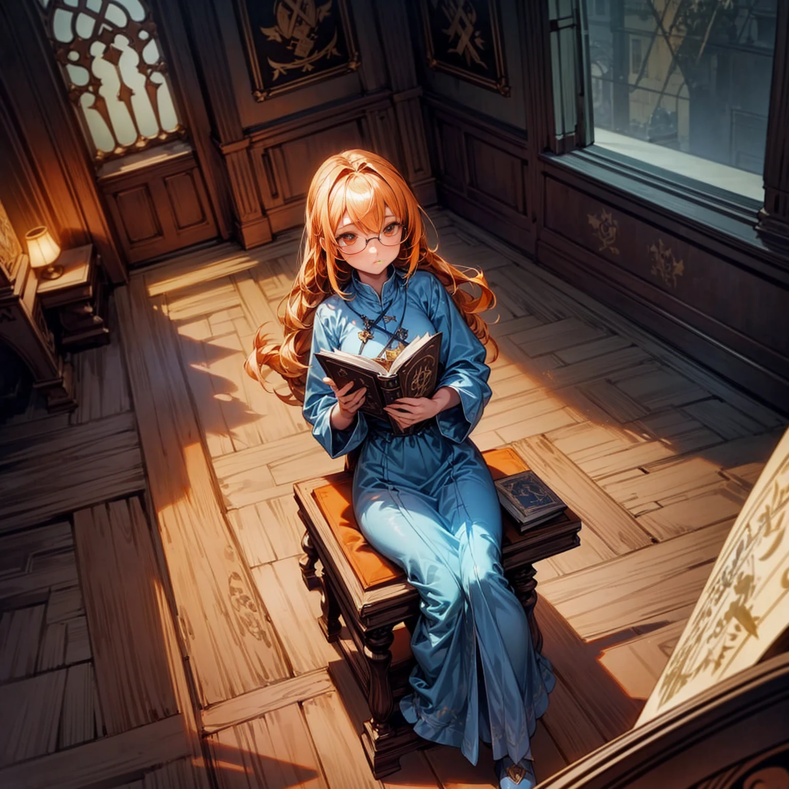 1girl, Full body version, 1character, girl version, almond eyes, long haircut, orange colour hair, sad eyes, glasses, medieval style clothing, largest book in hand, background in indoor square castle, motion blur, (Hunter x Hunter art), sit down gesture, high angle view, book emits light, glowing book, lighting book, blue lighting, lightning in the book, secret book, Book hologram, hologram, (high angle view)