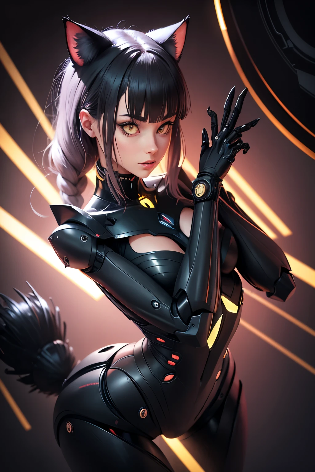 A female robot shaped like a black cat Has cat ears and a tail Mechanical arm mechanical legs Mechanical fuselage Lurking in the Dark, nffsw, retinas, masutepiece, ccurate, Anatomically correct, Textured skin, Super Detail, high details, High quality, Best Quality, hight resolution
