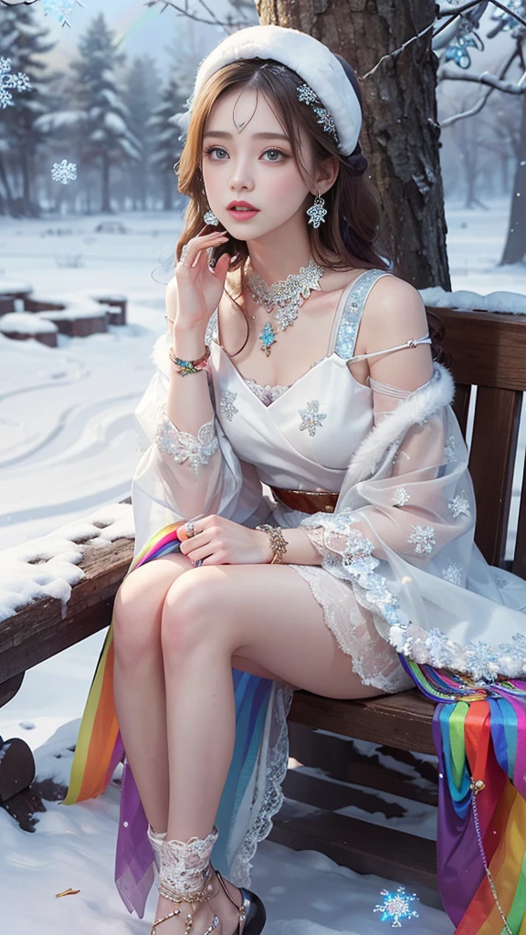 8K, masterpiece, 1 girl, Pretty Face, Very long hair, Light makeup, Delicate eyes, Delicate lips, Small bust, Winter Clothing, Rainbow Skirt, (Wearing Jewelry:1.8), (Rainbow Lace:1.4), ((Snowflakes falling:1.4)), sit,