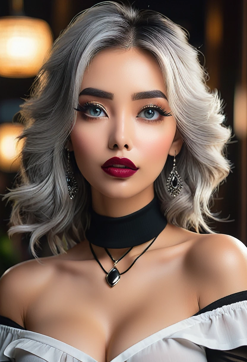 a beautiful woman with long faded ash gray hair wearing an off-shoulder white shirt and a black tight skirt, a black choker, looking directly at the viewer in a closeup shot, (best quality,4k,8k,highres,masterpiece:1.2),ultra-detailed,(realistic,photorealistic,photo-realistic:1.37),extremely detailed eyes and face,beautiful detailed eyes,beautiful detailed lips,longeyelashes,huge breasts,dramatic lighting,cinematic composition,intricate details,vivid colors,soft focus