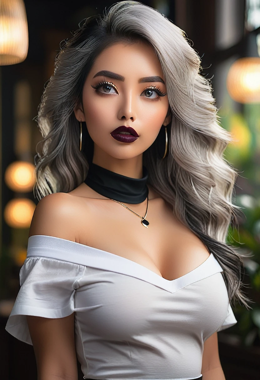 a beautiful woman with long faded ash gray hair wearing an off-shoulder white shirt and a black tight skirt, a black choker, looking directly at the viewer in a closeup shot, (best quality,4k,8k,highres,masterpiece:1.2),ultra-detailed,(realistic,photorealistic,photo-realistic:1.37),extremely detailed eyes and face,beautiful detailed eyes,beautiful detailed lips,longeyelashes,huge breasts,dramatic lighting,cinematic composition,intricate details,vivid colors,soft focus