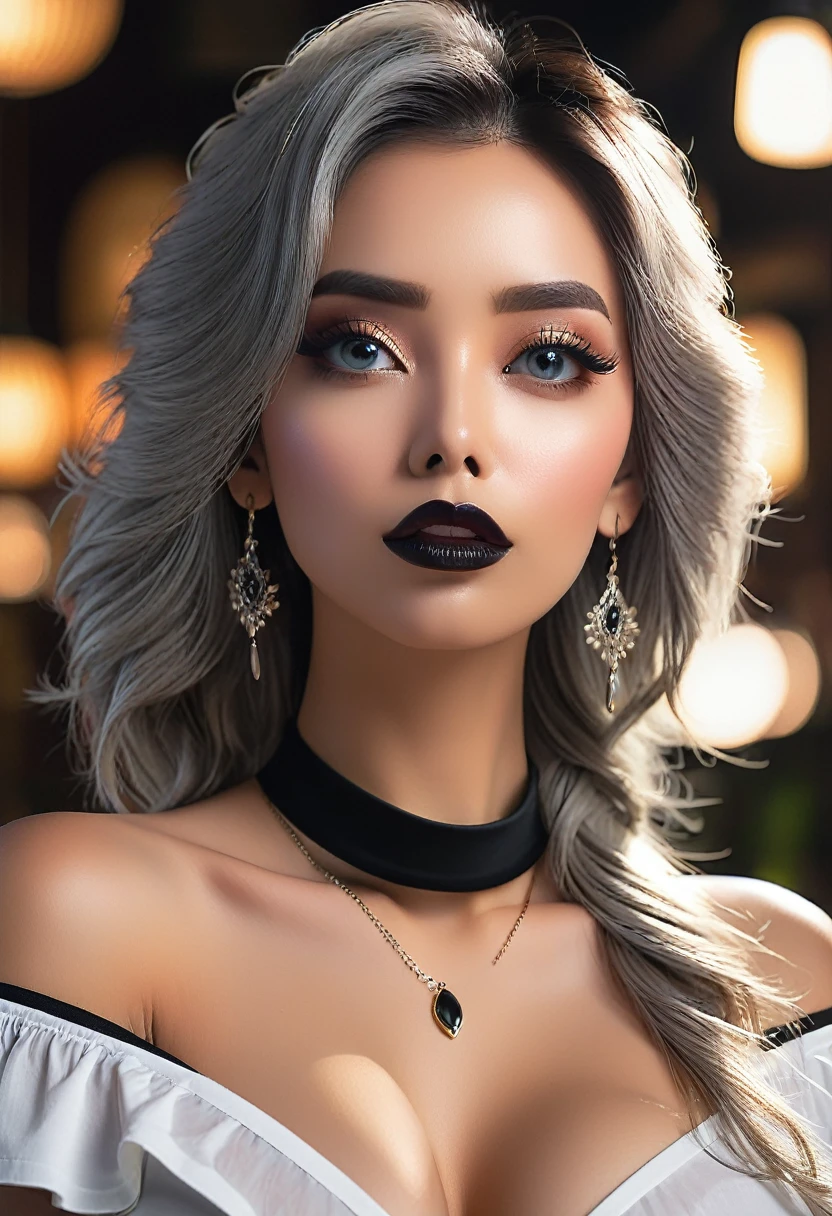 a beautiful woman with long faded ash gray hair wearing an off-shoulder white shirt and a black tight skirt, a black choker, looking directly at the viewer in a closeup shot, (best quality,4k,8k,highres,masterpiece:1.2),ultra-detailed,(realistic,photorealistic,photo-realistic:1.37),extremely detailed eyes and face,beautiful detailed eyes,beautiful detailed lips,longeyelashes,huge breasts,dramatic lighting,cinematic composition,intricate details,vivid colors,soft focus