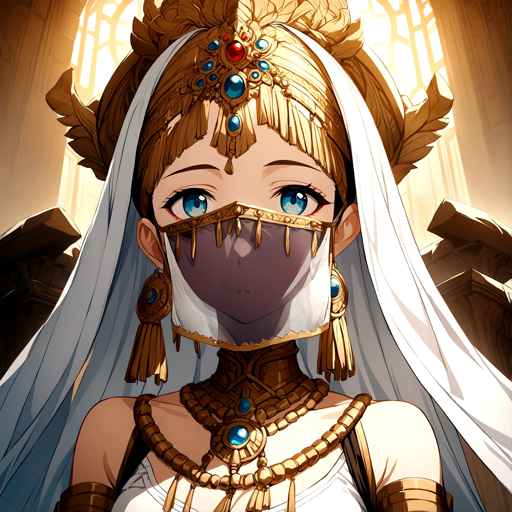 1girl, ancient civilization clothes, white glove, mouth veil, throne background, game cg