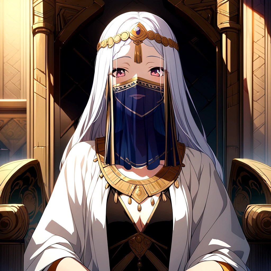 1girl, ancient civilization clothes, white glove, mouth veil, throne background, game cg