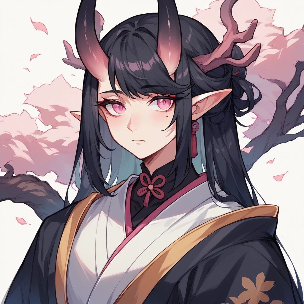 elven ears, dark black hair, long hairstyle, pink eyes, japanese style, japanese black kimono, black horns, a mole under the left eye