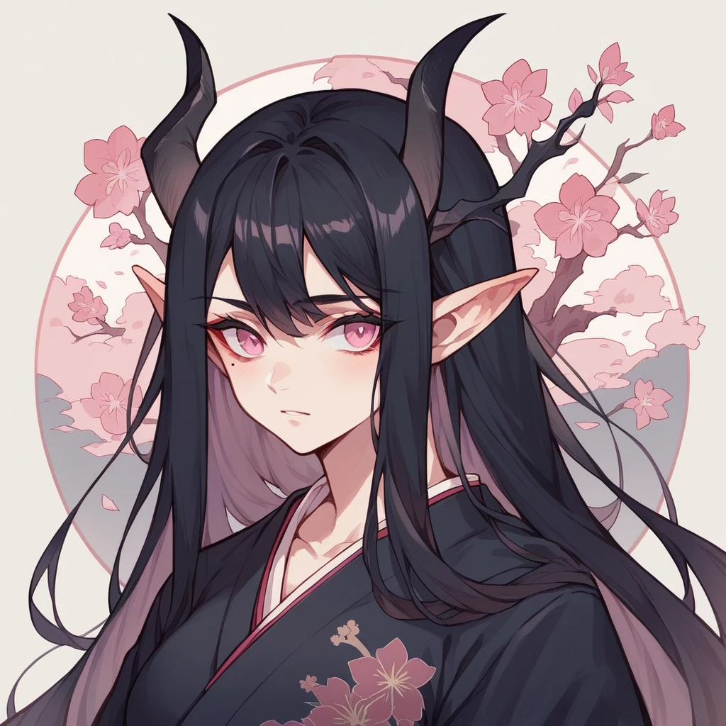 elven ears, dark black hair, long hairstyle, pink eyes, japanese style, japanese black kimono, black horns, a mole under the left eye