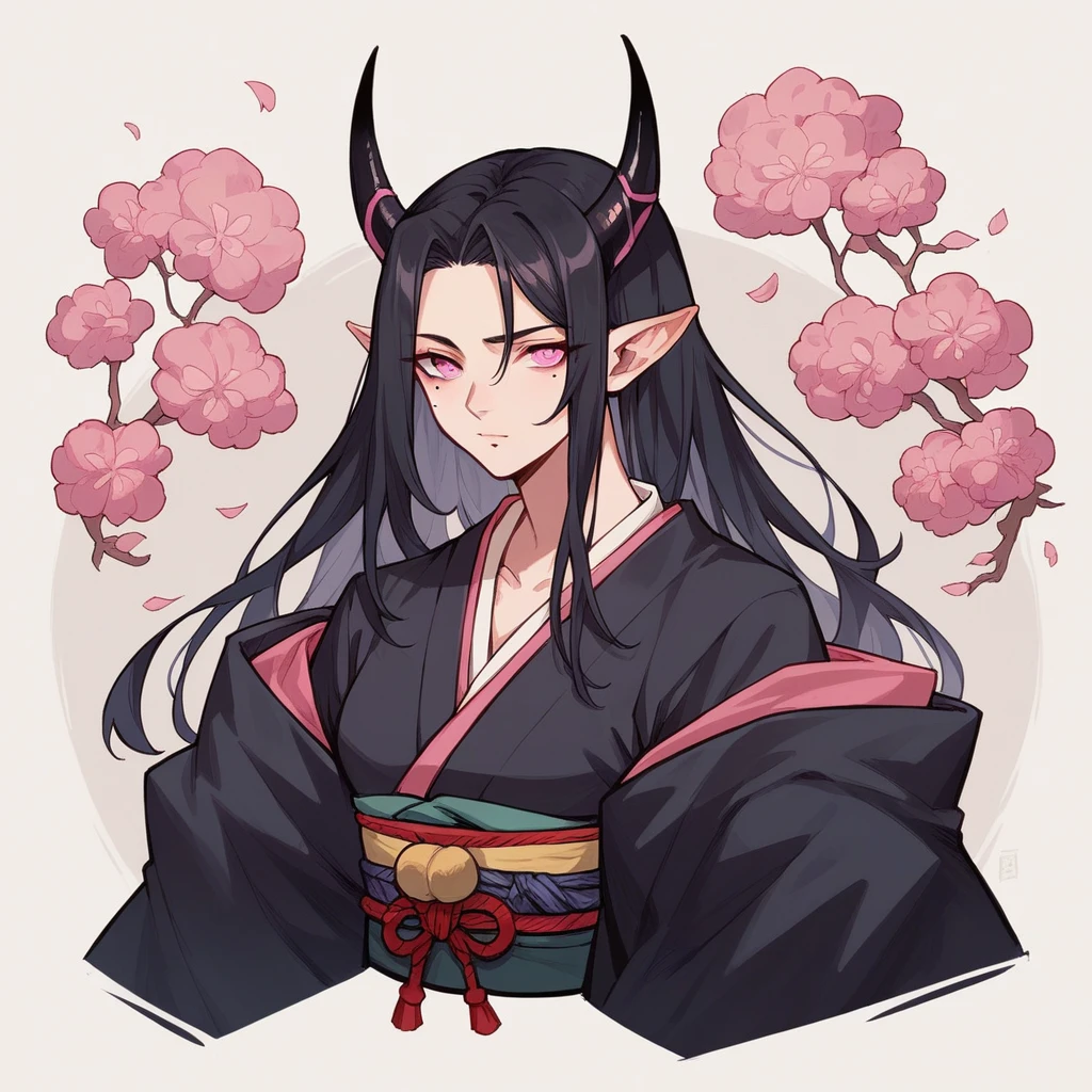 elven ears, dark black hair, long hairstyle, pink eyes, japanese style, japanese black kimono, black horns, a mole under the left eye