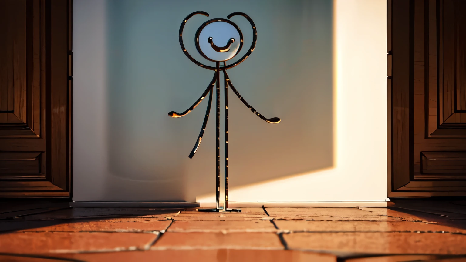 SCP 3052 - Living Stick Figure, from SCP lore, SCP-3052 is a humanoid entity with an appearance similar to that of a crudely drawn, copper-colored stick figure, standing approximately meters in height, with two circular holes in the head, of small diameter, appear to function as eyes; and is believed to be two-dimensional, digital art; hyperrealistic concept art, high resolution, masterpiece, 4k