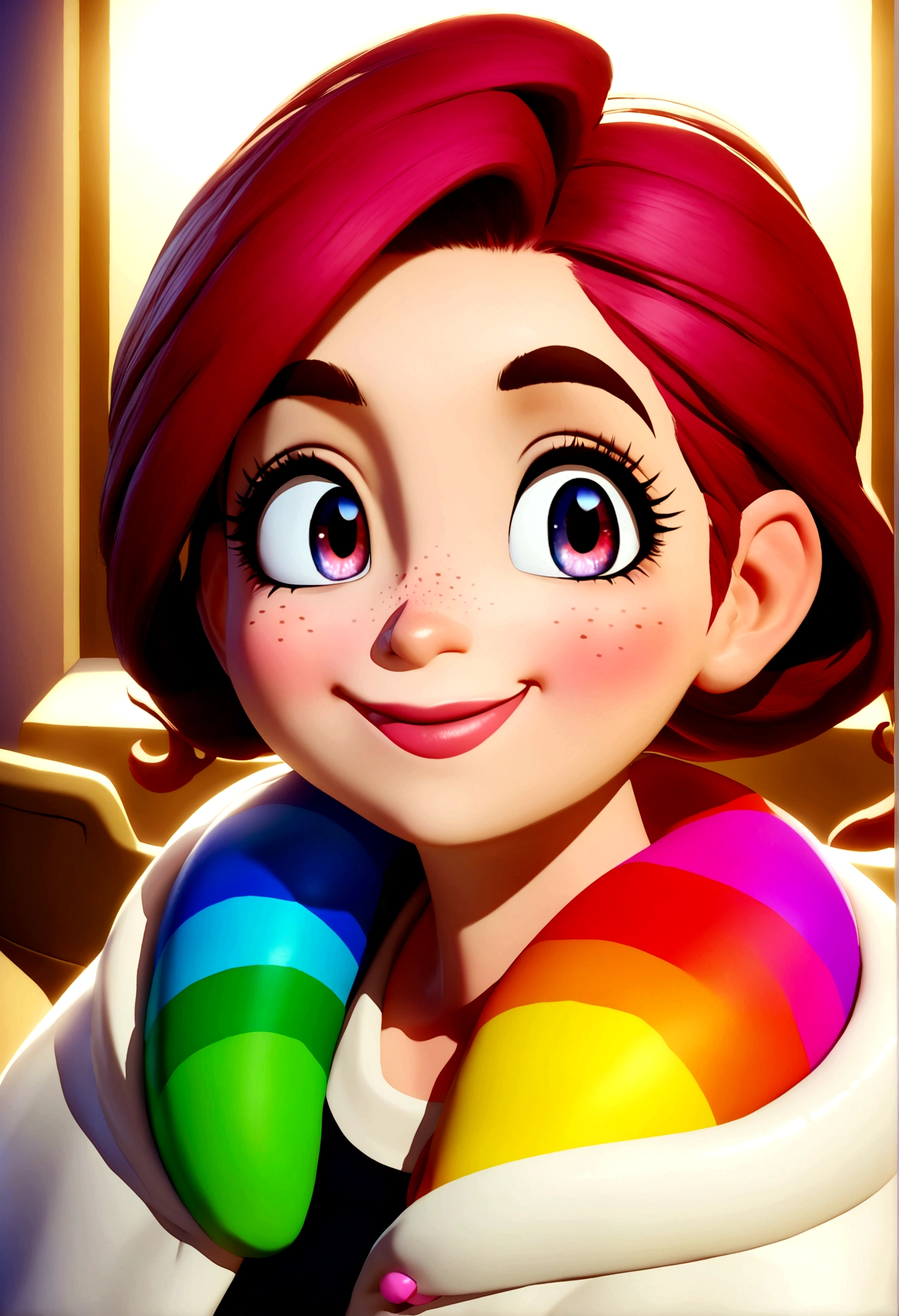 criar video Imagem estilo pixar com personagem 3D óculos brancos mulher ruiva cabelo cacheado médio curto, with freckles,, Disney makeup,beautician, adorable, smiling ,close up, pixar, Disney, cinema lighting,in aesthetic clinic, in a white coat