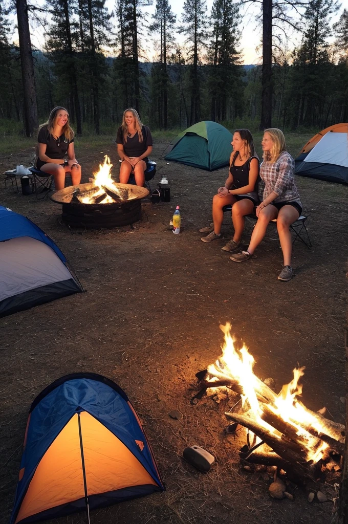 Picture taken with an iPhone. Camping area. Wearing only underwear. Two girls together. One girl is blonde and the other girl is brunette. Around one fire. It’s almost nighttime