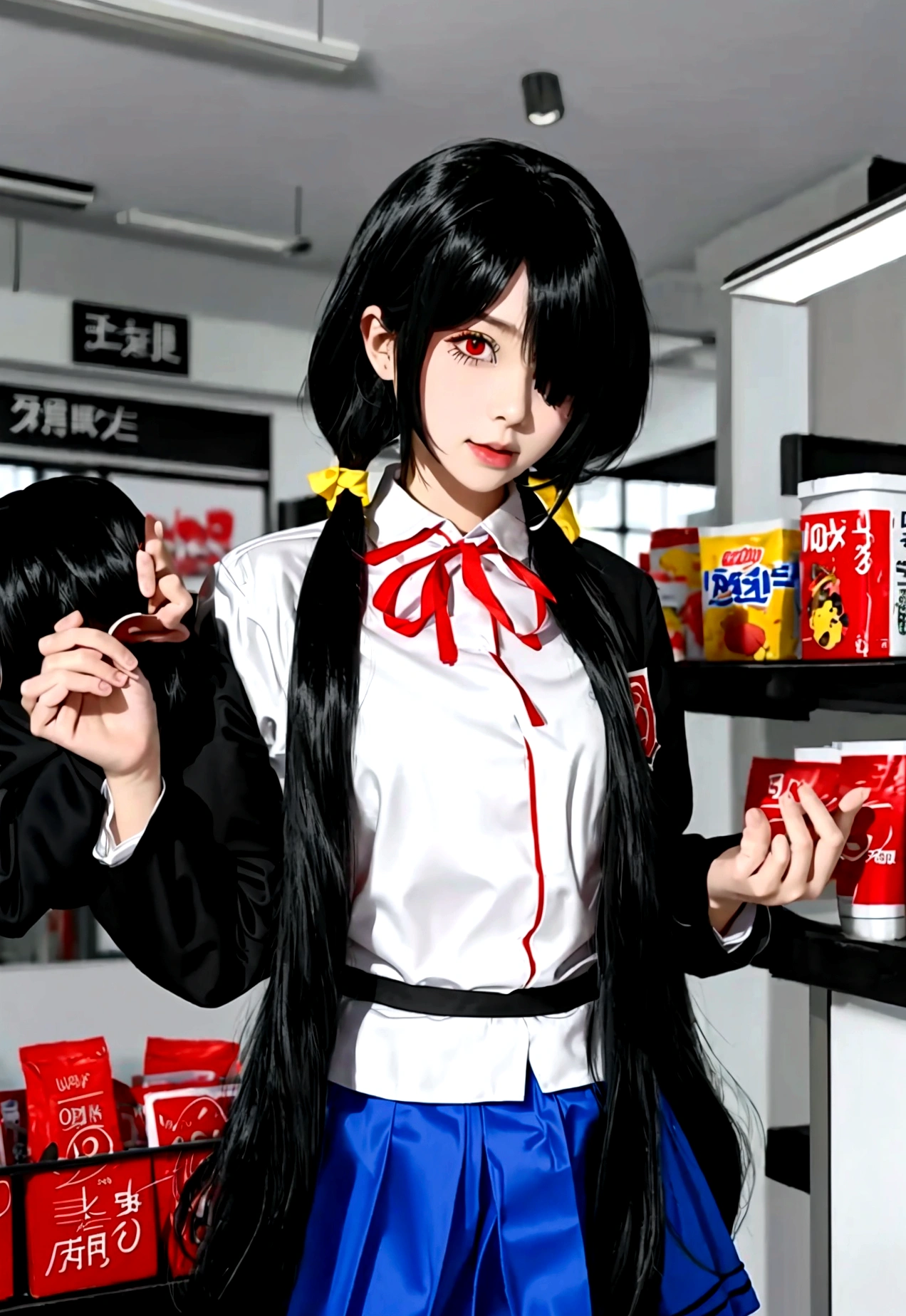 ultra-detailed,highly detailed,best quality,masterpiece,illustration, 
The image depicts an anime girl in a convenience store, looking down at her phone. The girl has long black hair with two blonde streaks, and wears a white shirt with a red bow tie, a black skirt, and a black face mask. She has red blush on her cheeks and one yellow eye, while the other eye is red. The image has a slightly somber atmosphere, and the girl's expression is somewhat pensive. The shelves on either side of the image are full of various goods, creating a cluttered and uninviting environment. The lighting is dim, casting long shadows, and an overall sense of isolation permeates the scene. 
