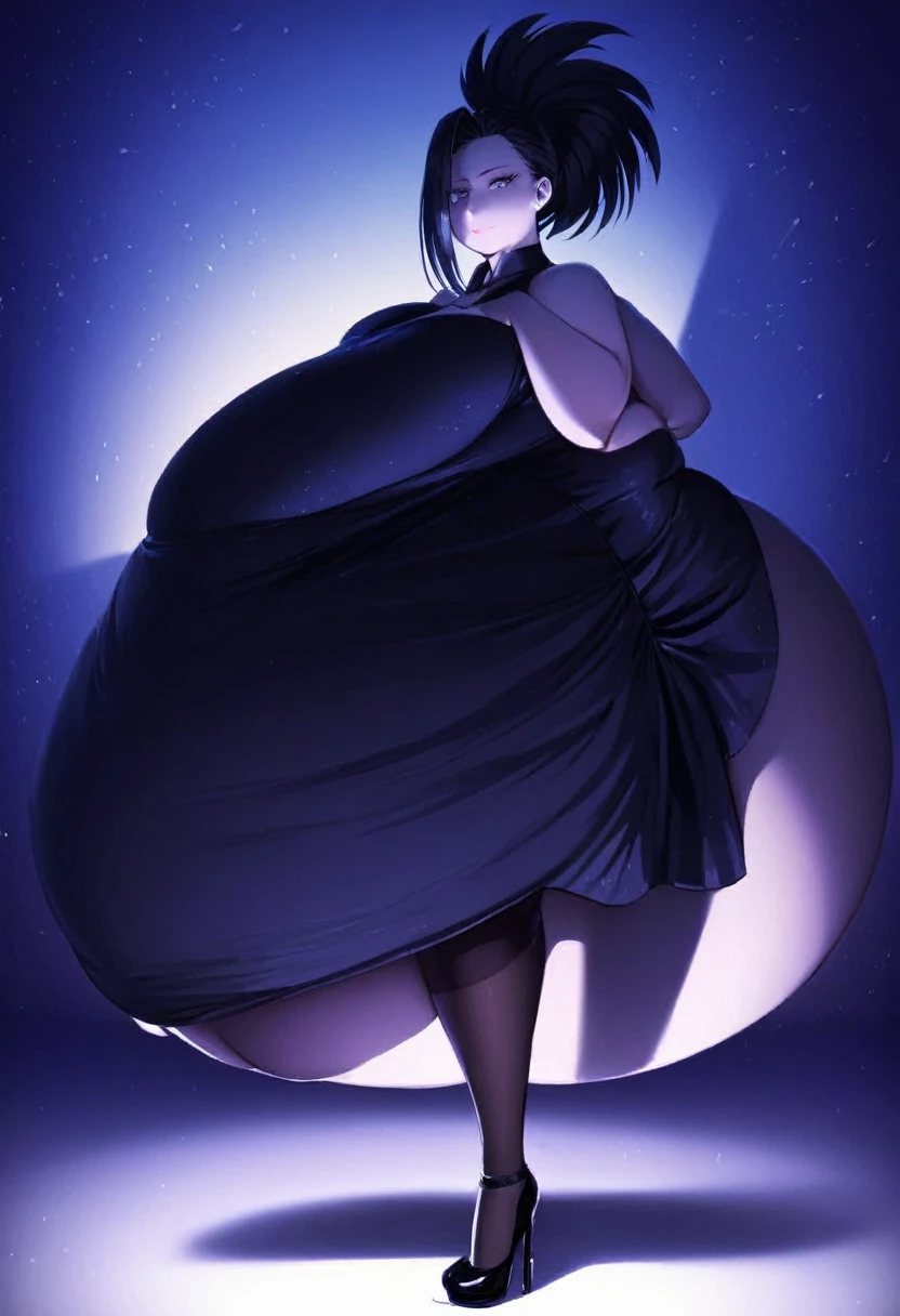 Momo Yaoyorozu from My Hero Academy, girl fat, obese body, big belly, sexy, stockings, black hair, short night dress, night club, night, dark dress, black dress, black stockings, black and black shoes, (Masterpiece:1.2), best quality, high resolution, beautifully detailed, extremely detailed, perfect lighting,
