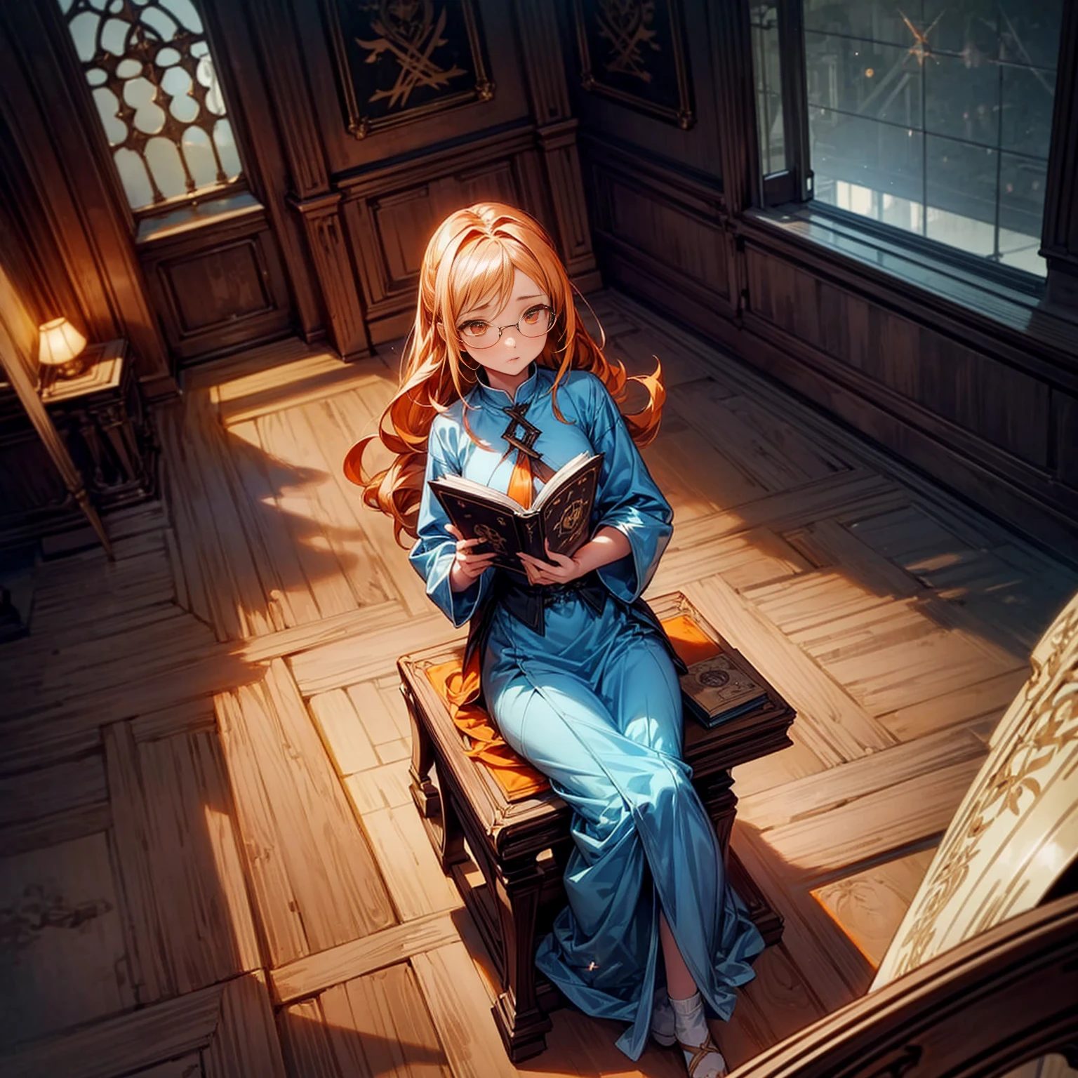 1girl, Full body version, 1character, girl version, almond eyes, long haircut, orange colour hair, sad eyes, glasses, medieval style clothing, largest book in hand, background in indoor square castle, motion blur, (Hunter x Hunter art), sit down gesture, high angle view, book emits light, glowing book, lighting book, blue lighting, lightning in the book, secret book, Book hologram, hologram, (high angle view)