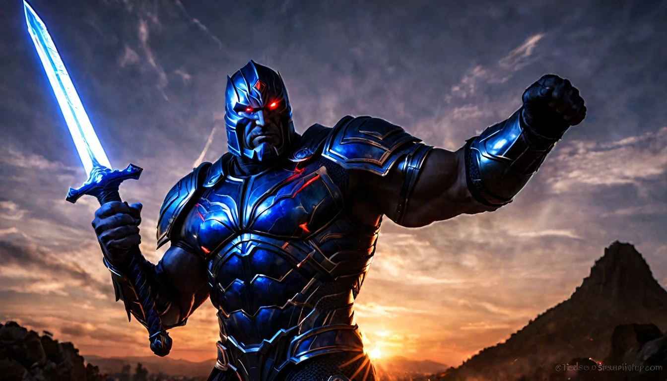 Darkseid, (DC comic character), super muscular body on steroids, red laser beams coming out of his eyes, lots of energy, great destructive glow. blue medieval armor legendary sword in his hand, (sunset), dark fantasy image, ethereal atmosphere, cinematic lighting, photorealistic, (best quality, 8k, high resolution, masterpiece: 1.2), ultra detailed, realistic, photorealistic: 1.37, spectacular lighting, moody, fantasy, conceptual art 