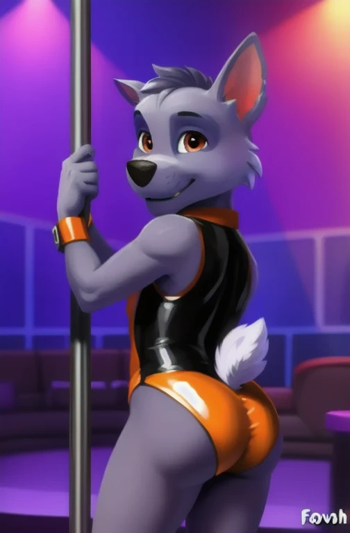 detailed fluffy fur texture, impasto impressionism, (by foxovh, ross tran, michael garmash, pino daeni, iskra), detailed eyes, highly detailed pupils, solo, furry, anthro, rocky-pp, domestic dog, male, orangish brown eyes, grey fur, grey body, fur body, detailed fluffy fur texture, , wide , inner fluff ears, from front, dancing,   Costume, interior nightclub background, 1boy, smile, Pole dancing 