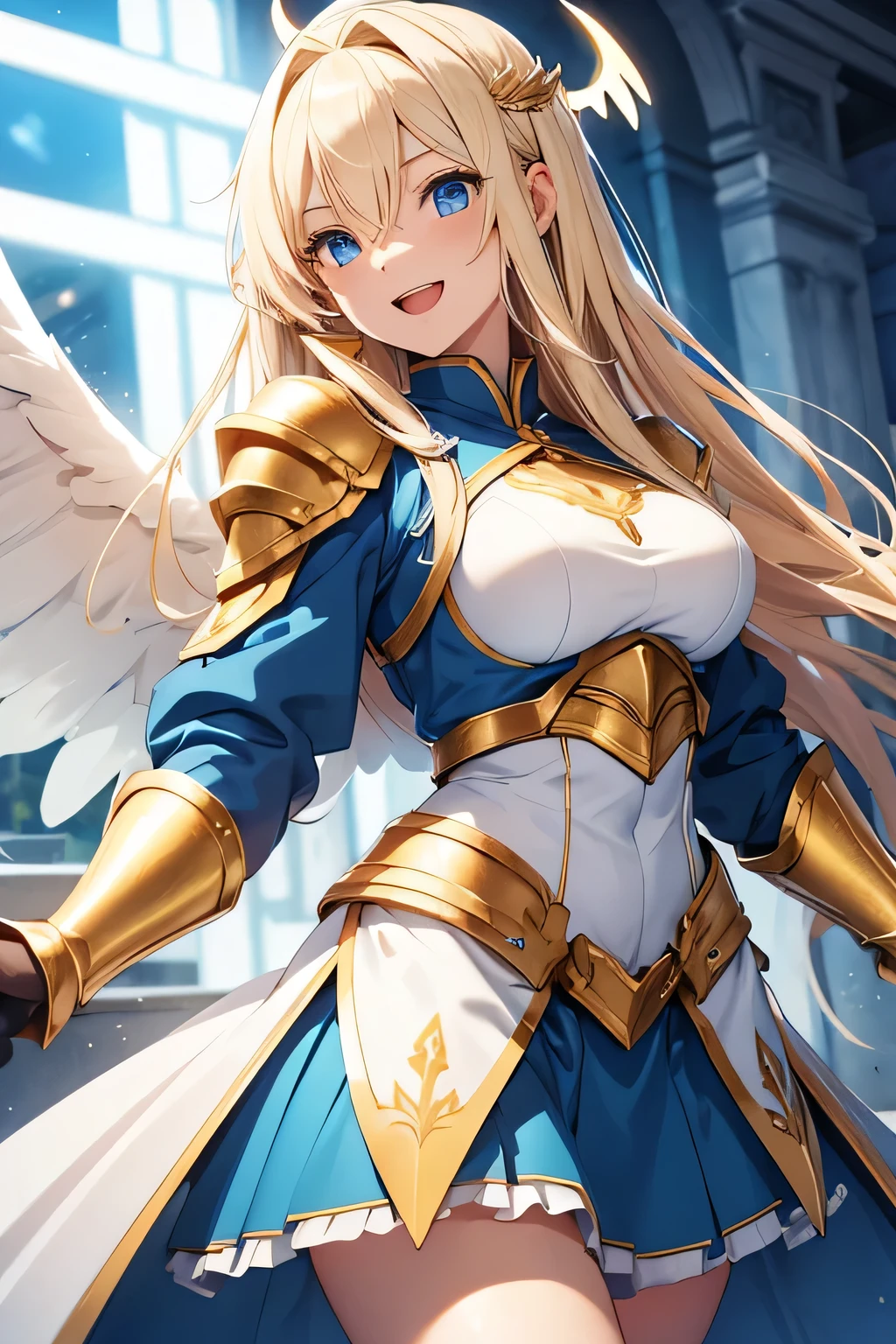 woman, 18 years old, long blonde hair, light blue eyes. Golden and blue armor, skirt, wings and angel halo, energetic open mouth smile.