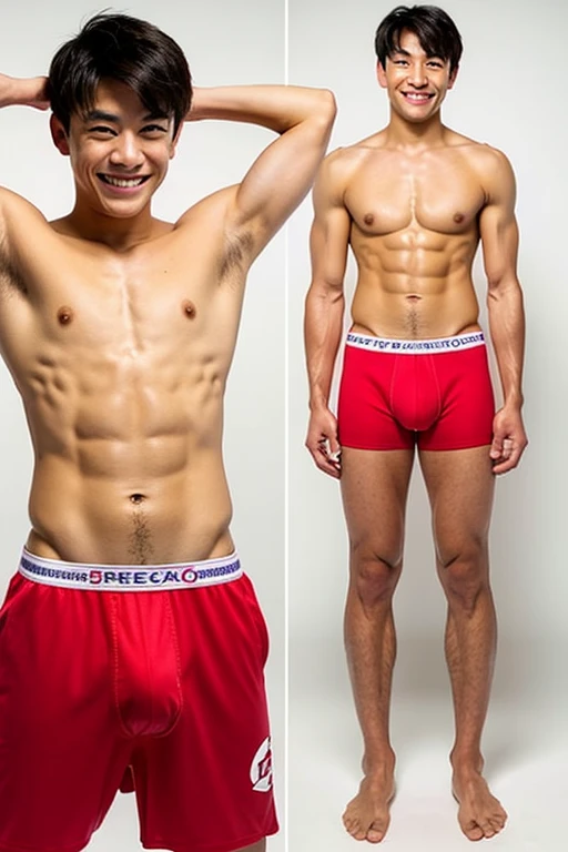 A Japanese boy rolls up his clothes to reveal his stomach and pectoral muscles、Anatomically correct body、Healthy, beautifully textured skin、 boy、Smiling in a friendly manner、Very relaxed atmosphere、The whole body is visible、Underdeveloped body、A pair of risqué red boxer shorts with a flashy design、Short hair, active and healthy、An active body with emphasized muscles throughout the body