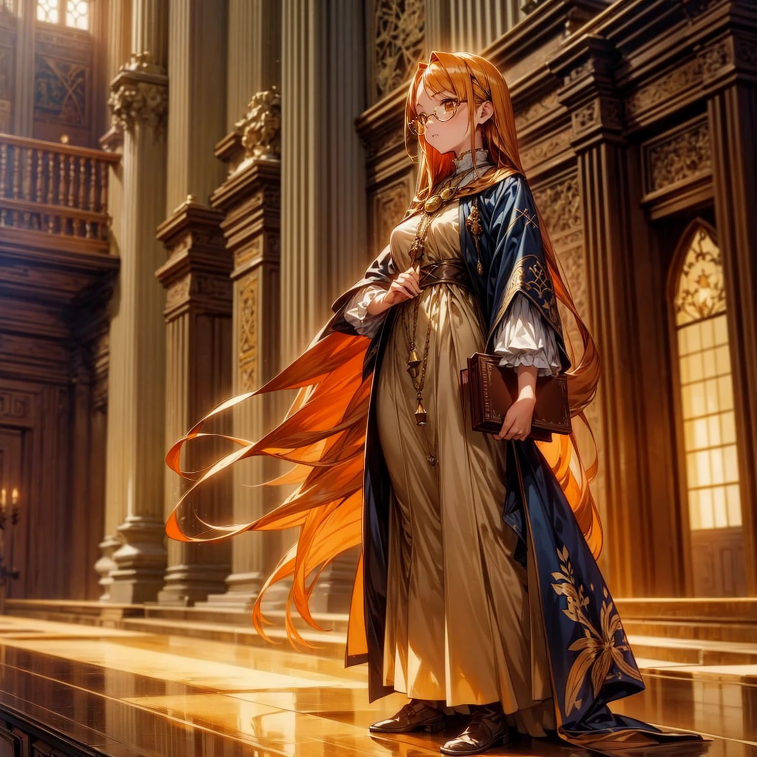1girl, Full body version, 1character, girl version, almond eyes, long haircut, orange colour hair, sad eyes, glasses, medieval style clothing, gold book in hand, background in indoor Library castle, motion blur, (Hunter x Hunter art), standing gesture