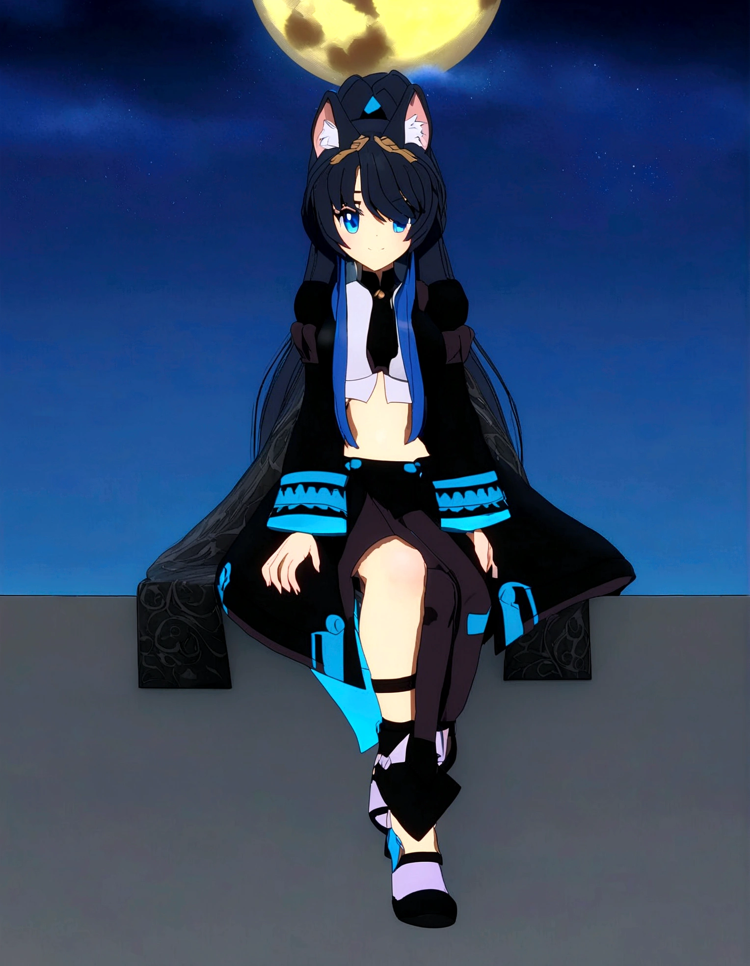 anime girl sitting on a ledge with a full moon in the background, anime moe artstyle, lunar themed attire, ((wearing aristocrat robe)), anime stylized, stylized anime, anime styled 3d, !!full body portrait!!, full body adoptable, anime girl of the future, anime style. 8k, fursona wearing stylish clothes, anime style character