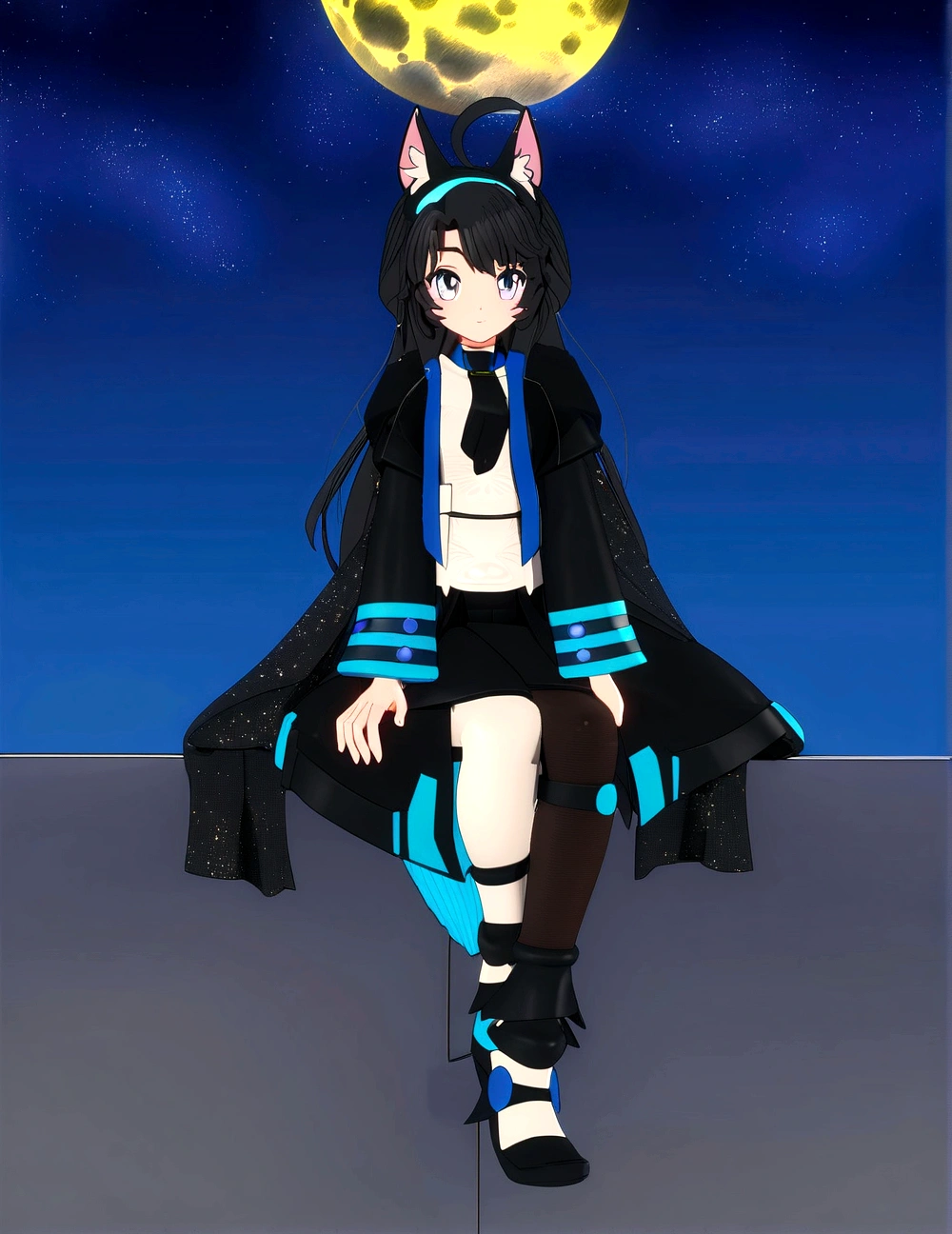 anime girl sitting on a ledge with a full moon in the background, anime moe artstyle, lunar themed attire, ((wearing aristocrat robe)), anime stylized, stylized anime, anime styled 3d, !!full body portrait!!, full body adoptable, anime girl of the future, anime style. 8k, fursona wearing stylish clothes, anime style character