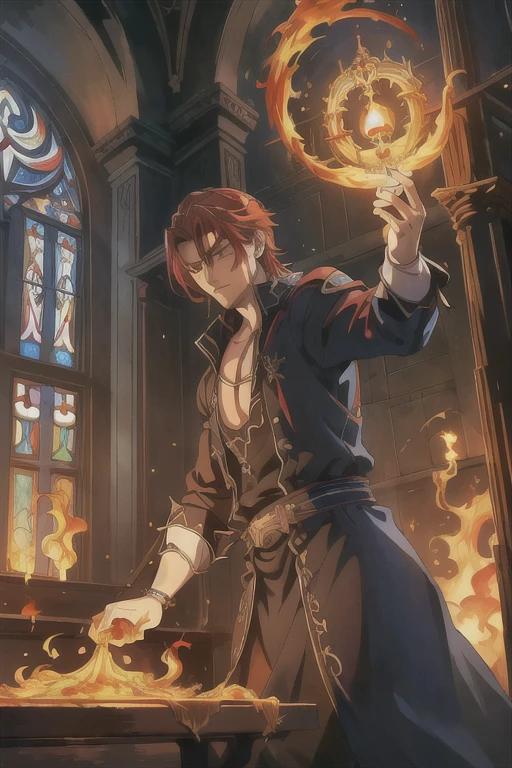 ((best quality)), ((masterpiece)), (detailed),((highest quallity)),naughty man, young man, masculine, Detailed Description, gorgeous face, blue left eye, red right eye, slickedback hair, hypdertailed, hair down to the shoulders, Gothic, caucasiano,renaissance church window background,black robe,Beautiful young man,Detailed facial representation,black monk clothes, hands crossed, crucifix in one hand and playing with fire with the other (seen from the front)