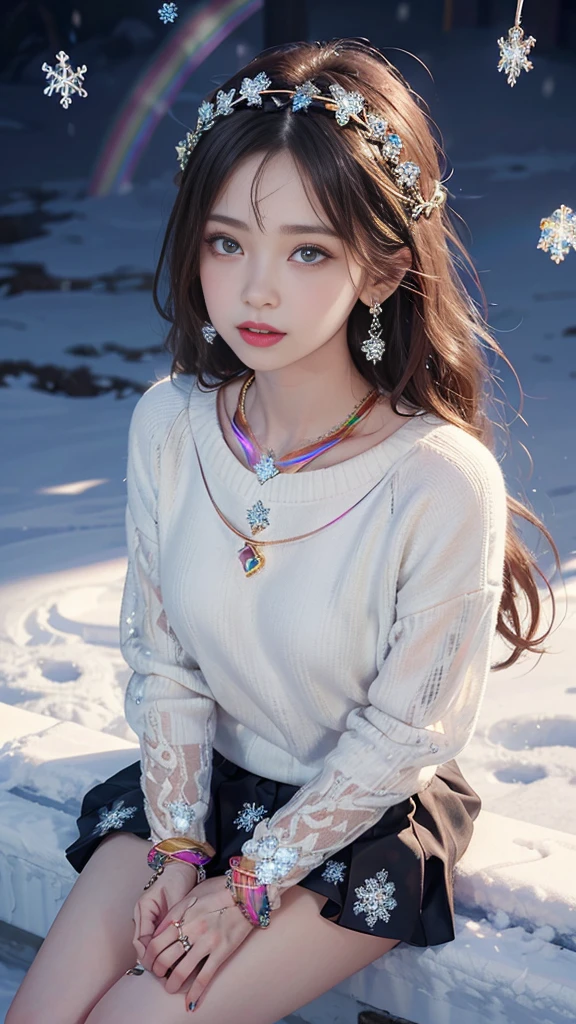 8K, masterpiece, 1 girl, Pretty Face, Very long hair, Light makeup, Delicate eyes, Delicate lips, Small bust, Winter Clothing, Rainbow Skirt, (Wearing Jewelry:1.8), (Rainbow Lace:1.4), ((Snowflakes falling:1.4)), sit,