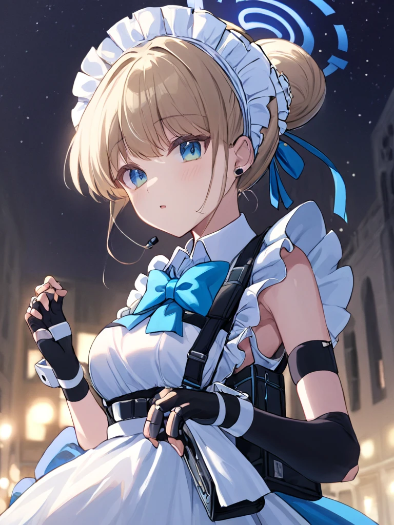 Super detailed,(Highest quality),((masterpiece)),(High resolution),original,very,Feiniao,One girl,gloves,alone,fingerless gloves,chest,bow,Hello,Maid headdress,apron,black gloves,elbow gloves,bowtie,night,Maid,Hair Bun,Frills,ribbon,Pouch,blue bow,null,Underarm,Side bust,night null,large chest,blue bowtie,Maid apron,star (null),No sleeve,Upper Body,blue ribbon,