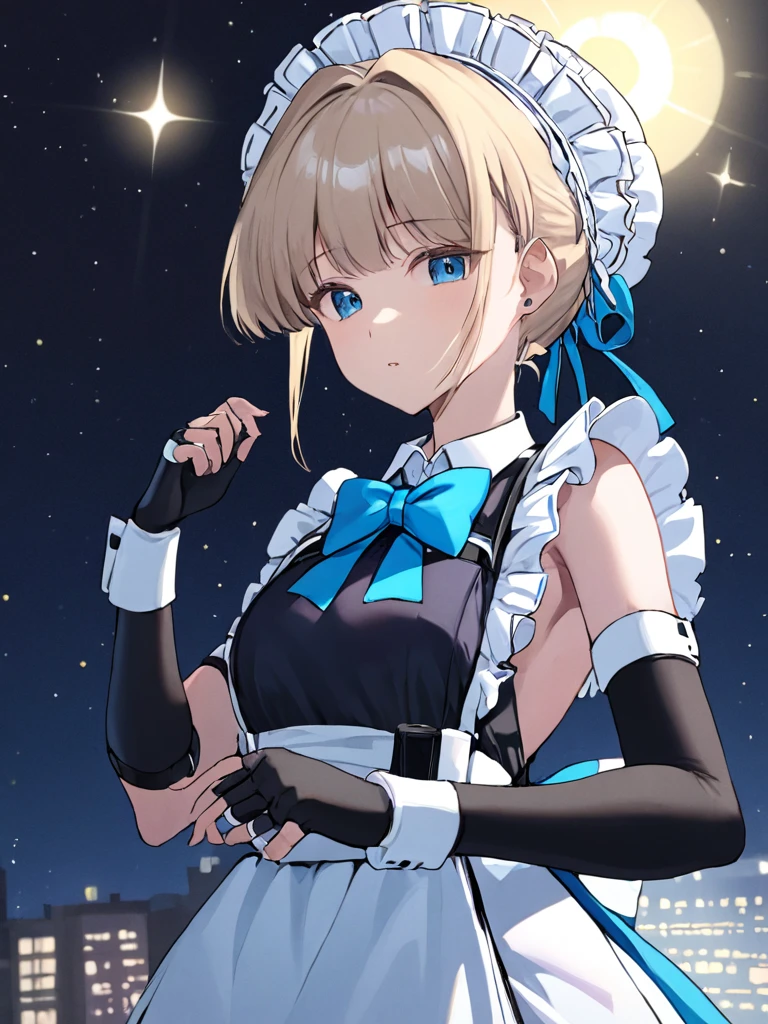 Super detailed,(Highest quality),((masterpiece)),(High resolution),original,very,Feiniao,One girl,gloves,alone,fingerless gloves,chest,bow,Hello,Maid headdress,apron,black gloves,elbow gloves,bowtie,night,Maid,Hair Bun,Frills,ribbon,Pouch,blue bow,null,Underarm,Side bust,night null,large chest,blue bowtie,Maid apron,star (null),No sleeve,Upper Body,blue ribbon,