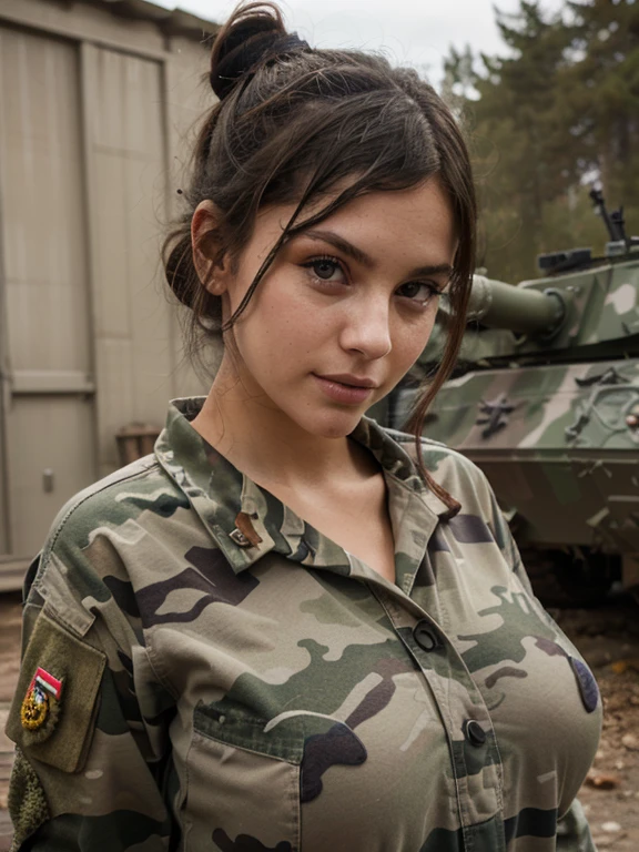 French, busty, messy bun, camo military fatigues, outdoor, barracks, loving gaze